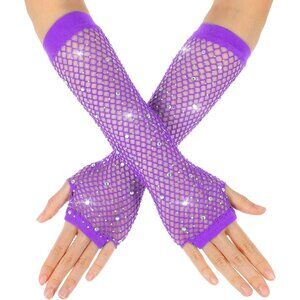 Women's Purple Punk Fish Net Arm Sleeve Rhinestone Gloves Costume Halloween